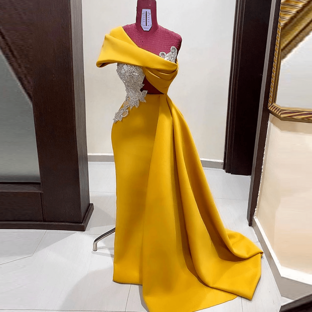 Yellow one shoulder evening bead sequin custom made